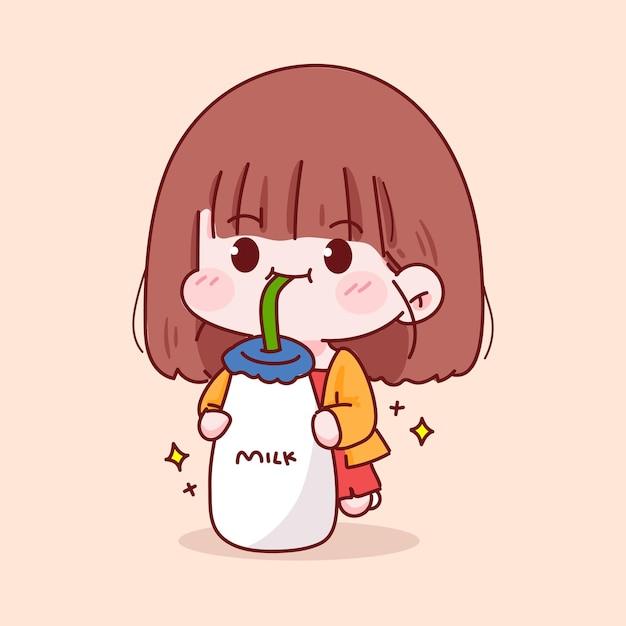 Cute kid girl drinking milk hand drawn cartoon character illustration