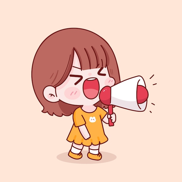 Cute kid girl holding megaphone hand drawn cartoon character illustration