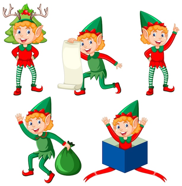 Free vector cute kid wearing elf costume cartoon set