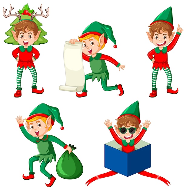 Free vector cute kid wearing elf costume cartoon set