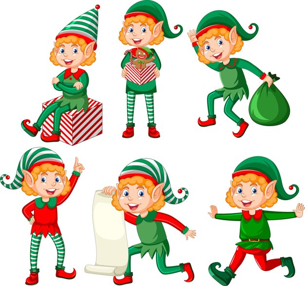 cute kid wearing elf costume cartoon set