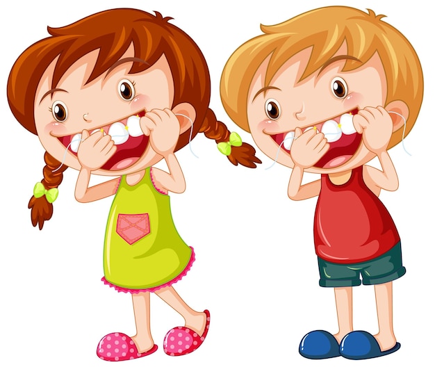 Симпатичные детские мультипликационные персонажи чистят зубы зубной нитью