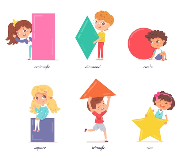 Cute kids holding geometric shapes set primary school education worksheet little boys and girls with square triangle star rectangular rhomb circle on white background