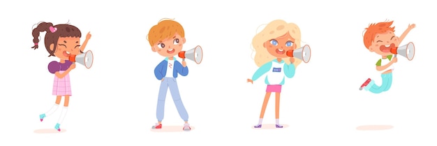 Cute kids shout into megaphone set cartoon little boy and girl shouting children holding loudspeaker in hands to announce loud news