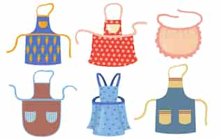 Free vector cute kitchen aprons with patterns flat item set. cartoon cooking dress for housewife or chef of restaurant isolated vector illustration collection. protective garment and housekeeping concept