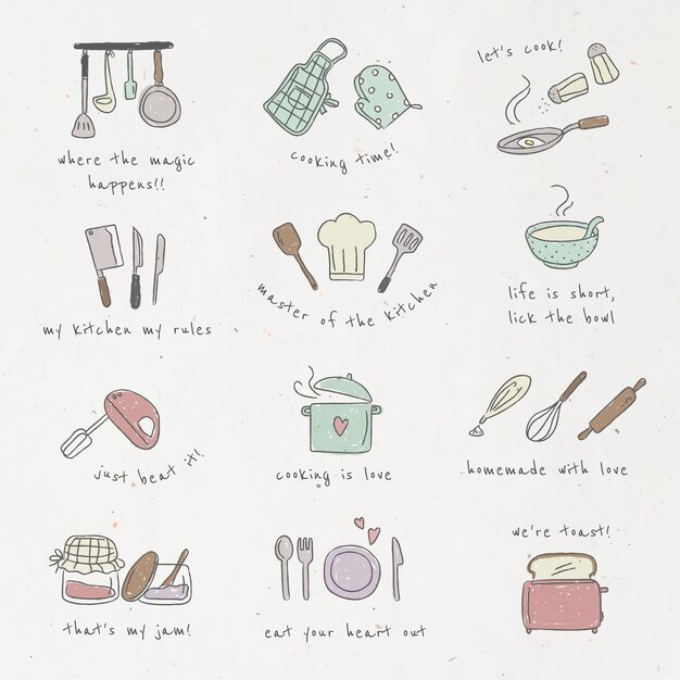 Free Vector cute kitchen utensil doodle sticker set vector