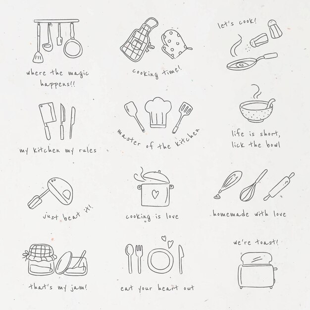 Free Vector cute kitchen utensil doodle sticker set vector