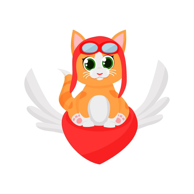 Cute kitten pilot flying on red heart