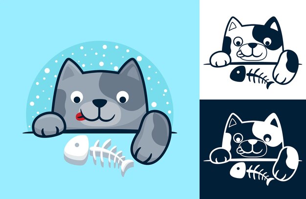 かわいい猫のパターンは イラストの非常に幸せな顔で骨の魚を食べています プレミアムベクター