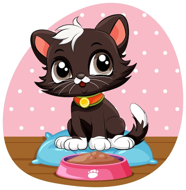 Free vector cute kitten with food bowl