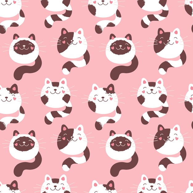 手描きの猫イラストとパターンのかわいい女の子 プレミアムベクター