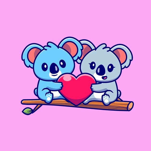 Cute Koala Couple Holding Heart On Tree Cartoon   Icon Illustration. Animal Couple Icon Concept Isolated  . Flat Cartoon Style