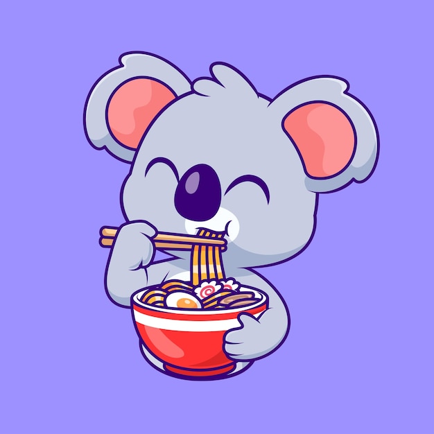 Vettore gratuito simpatico koala che mangia ramen noodle cartoon vector icon illustration concetto di icona di cibo per animali isolato