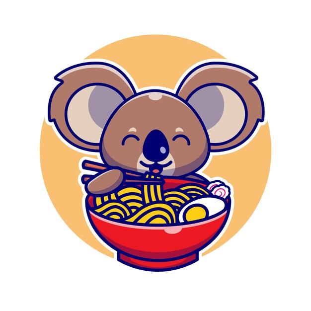 Cute Koala Eating Ramen Noodle With Chopstick Cartoon Illustration