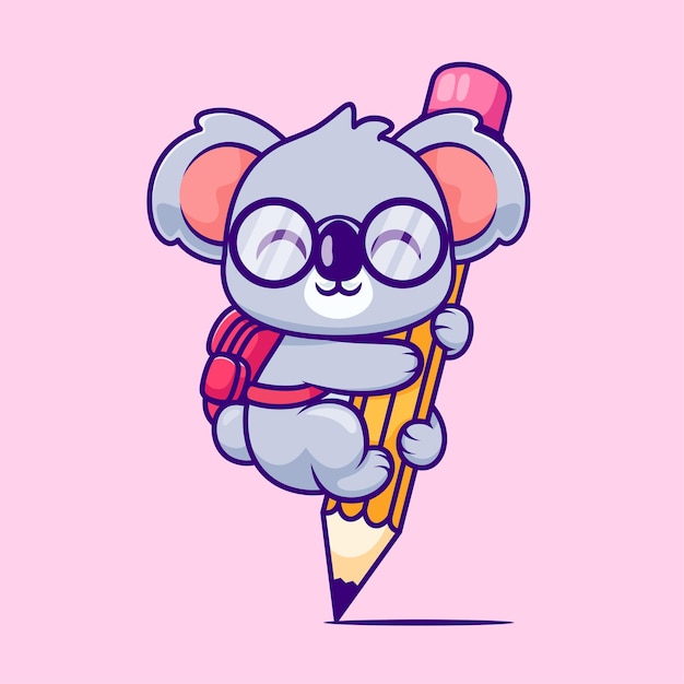 Free vector cute koala hanging on pencil with bag cartoon vector icon illustration animal education isolated