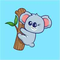 Free vector cute koala hanging on tree cartoon vector icon illustration animal nature icon concept isolated