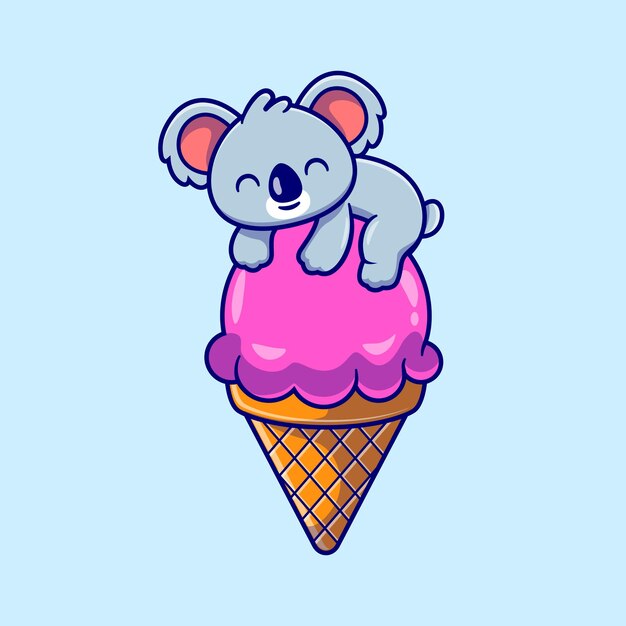 Симпатичные коала на иллюстрации шаржа конуса мороженого. Концепция животного питания изолированы. Плоский мультяшном стиле
