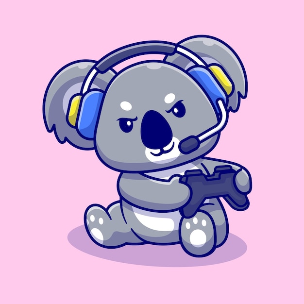 Cute koala playing game with headphone cartoon vector icon illustration animal technology isolated Free Vector