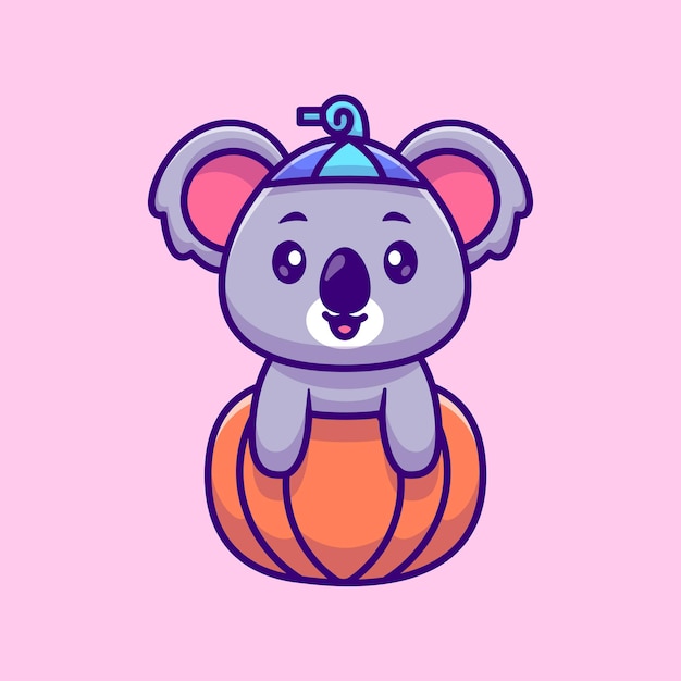 Cute koala in pumpkin halloween cartoon vector icon illustration. animal nature icon isolated flat