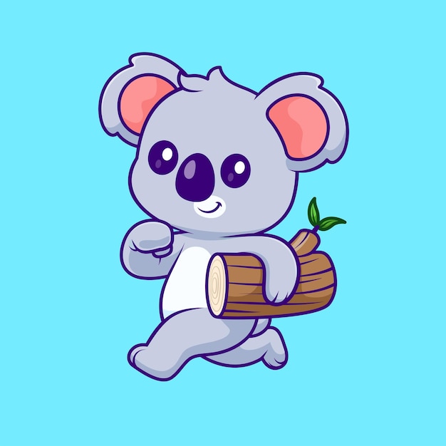 Vettore gratuito simpatico koala che corre con l'illustrazione dell'icona del vettore del cartone animato dell'albero di legno icona della natura animale isolata piatta