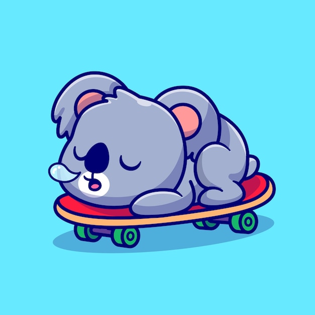 Cute Koala Sleeping On Skateboard Cartoon Vector Icon Illustration Animal Sport Icon Isolated