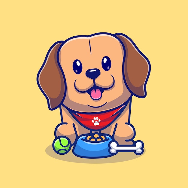 Cute Labrador Dog With Food And Ball Cartoon Vector Icon Illustration Animal Sport Icon Concept
