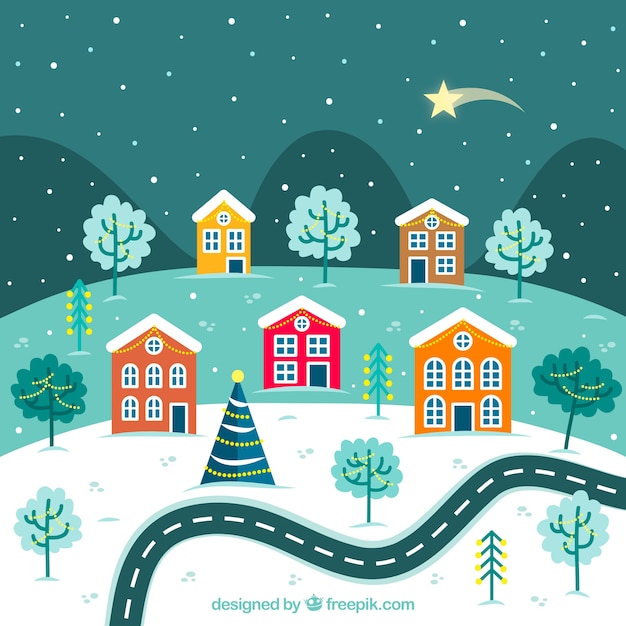 Free vector cute landscape of christmas city in flat design