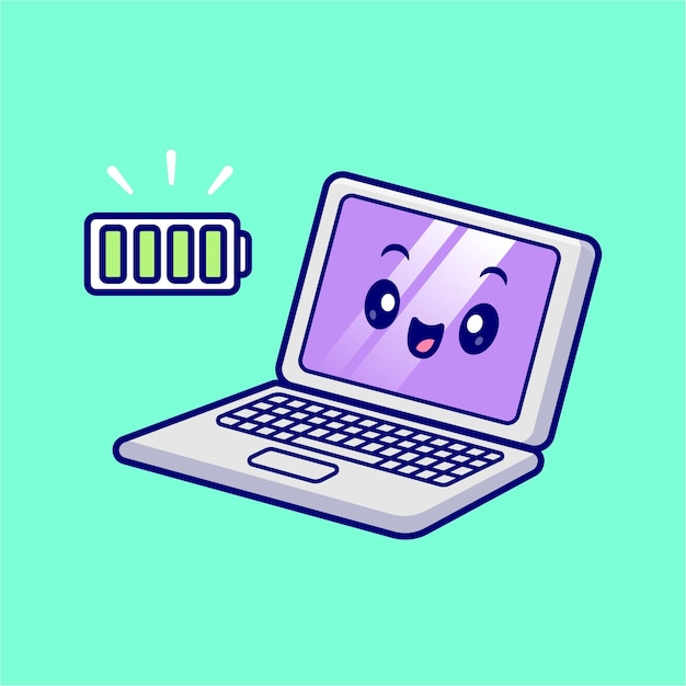 Cute laptop full battery cartoon vector icon illustration technology object icon isolated flat