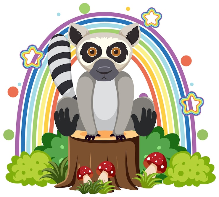 Free Vector cute lemur on stump in flat cartoon style