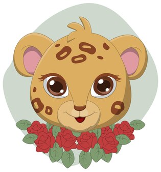 Cute leopard head cartoon with flowers
