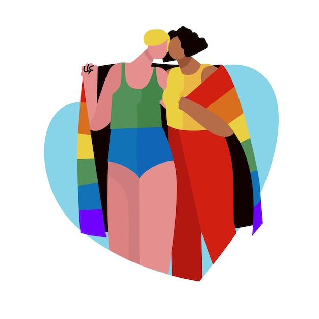 Cute lesbian couple with lgbt flag illustrated