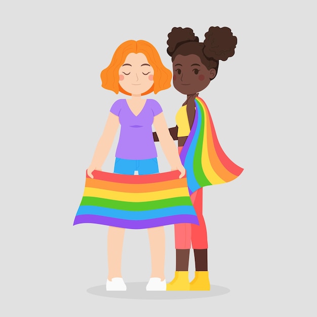 LGBTの旗が描かれたかわいいレズビアンのカップル