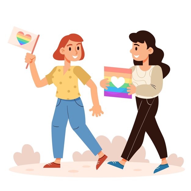 Cute lesbian couple with lgbt flag illustrated