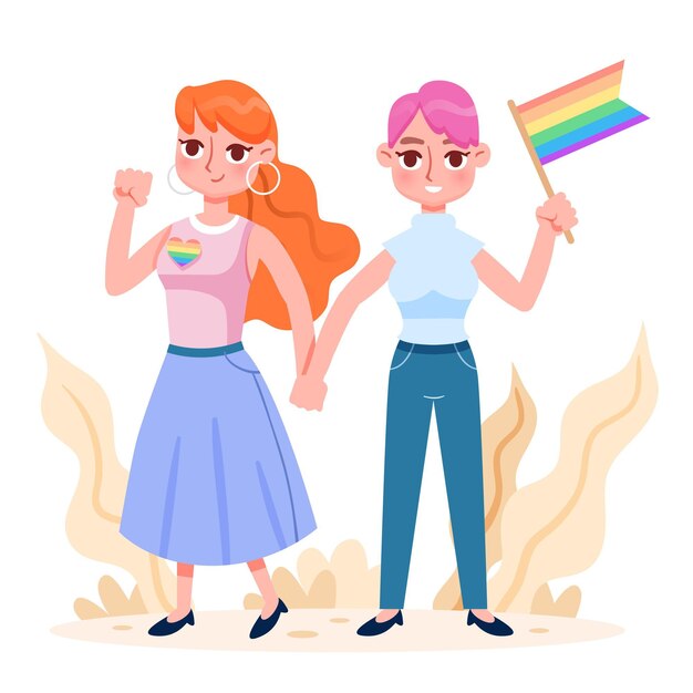 LGBTの旗が描かれたかわいいレズビアンのカップル