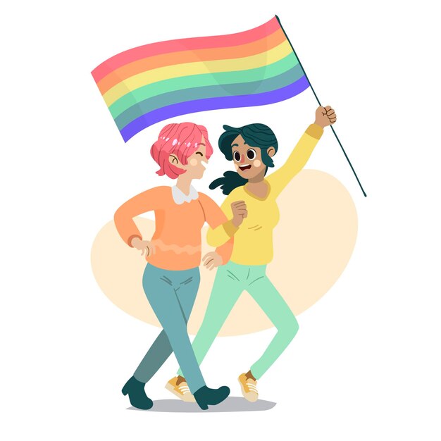 Free vector cute lesbian couple with lgbt flag