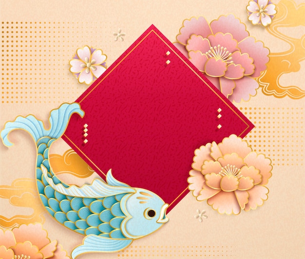 Cute light blue fish in paper art style with blank spring couplet and peony
