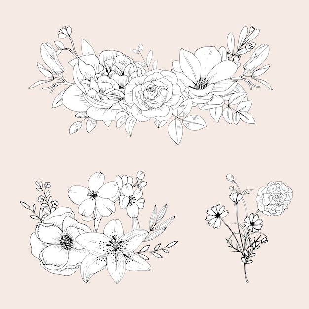 Free vector cute line flowers  isolated  . hand drawn bouquet