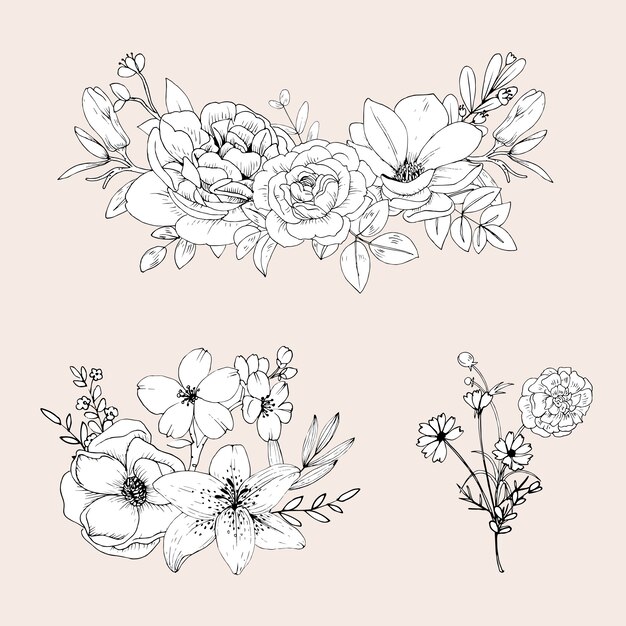 Cute line flowers  isolated  . Hand drawn bouquet