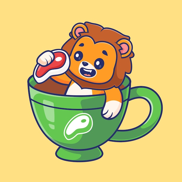 コーヒーでステーキを握る可愛いライオン 漫画 ベクトル アイコン イラスト 動物 飲み物 孤立したフラット