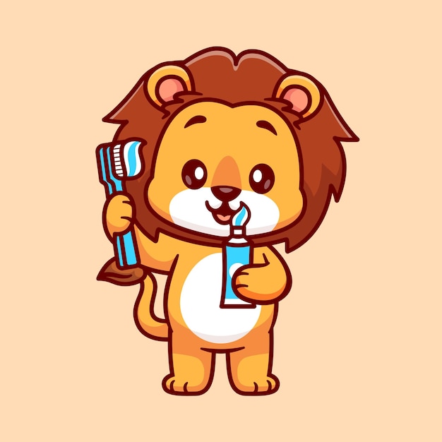 歯磨き粉漫画ベクトル アイコン イラストと歯ブラシを保持しているかわいいライオン。動物の健康アイコン