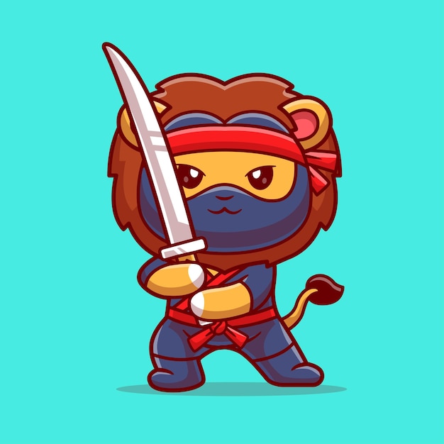 Free vector cute lion ninja holding sword cartoon vector icon illustration animal holiday icon isolated flat