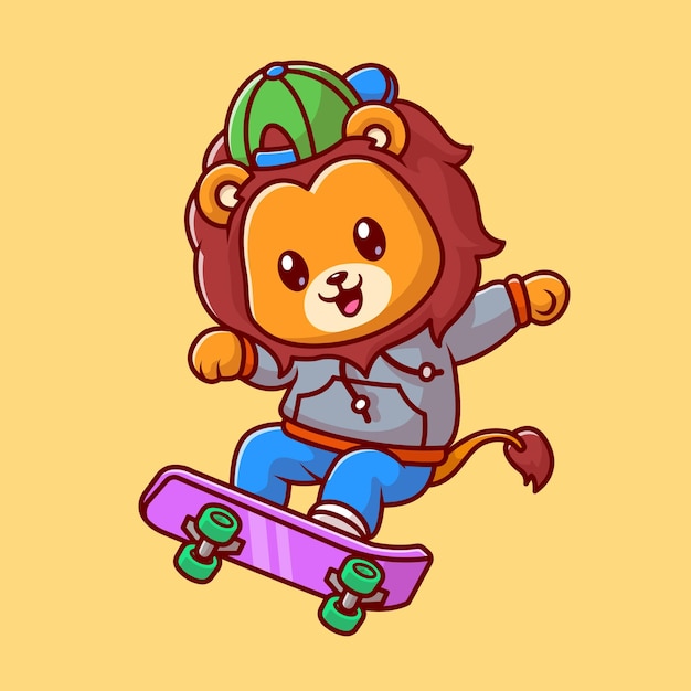 Vettore gratuito illustrazione dell'icona di vettore del fumetto di skateboard del leone sveglio. concetto di icona dello sport animale isolato