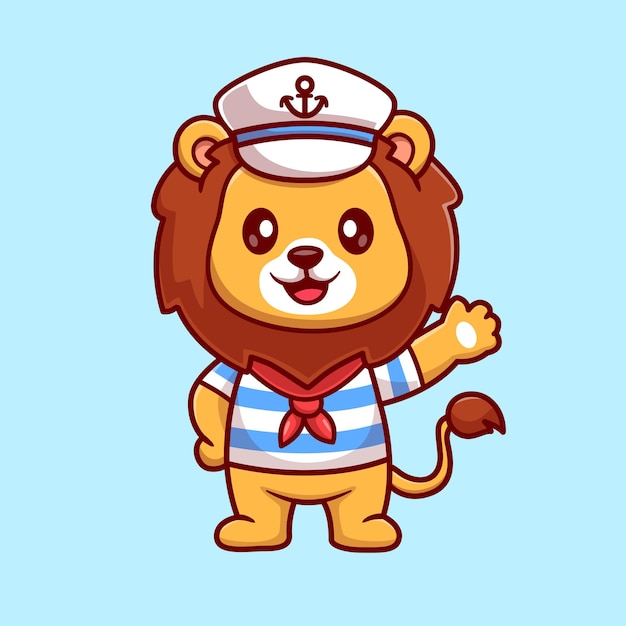 Cute Lion Sailor Captain Waving Hand Cartoon Vector Icon Illustration. Animal Holiday Icon Isolated