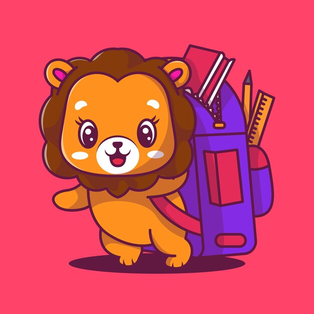 Милый лев с сумкой значок мультфильм векторные иллюстрации