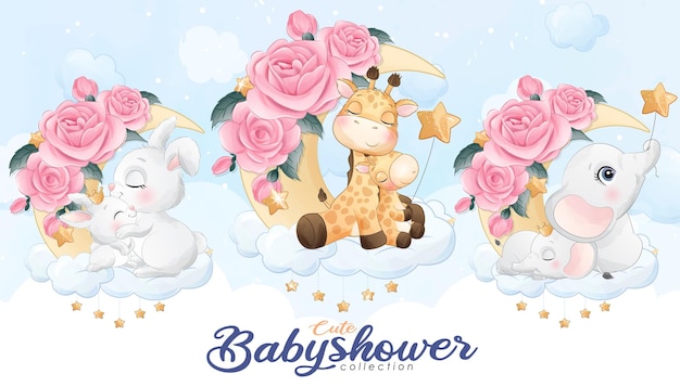 Cute little animals for baby shower with watercolor illustration set