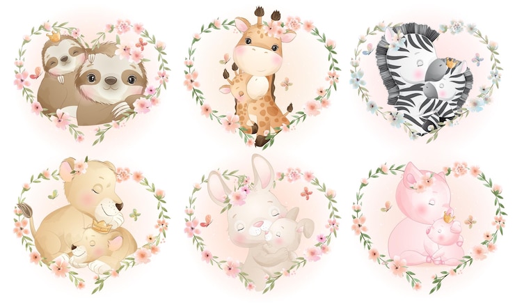 無料Vector 母の日コレクションのための花の花輪を持つかわいい小動物