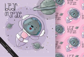 Cute little astronaut  bear on the space with seamless pattern