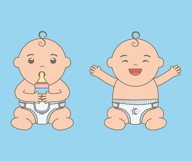 Free vector cute little babies boys with bottle milk characters