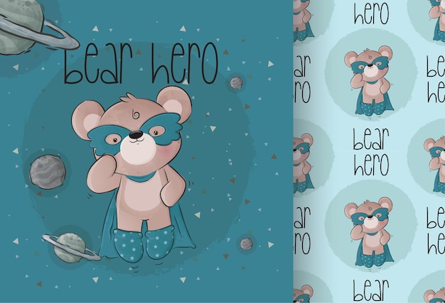 Free vector cute little bear super heroes on the space with seamless pattern