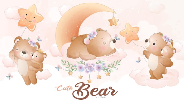 Free vector cute little bear with watercolor illustration set